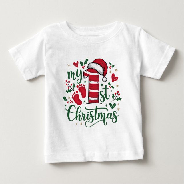 My First Christmas Typography Cute Santa Hat Baby T-Shirt (Front)