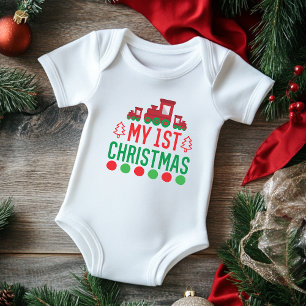 My First Christmas Typography Cute Train Baby Bodysuit
