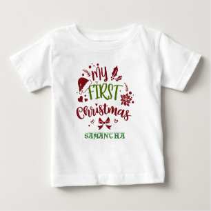 My First Christmas Typography Santa hat Monogram Baby T-Shirt
