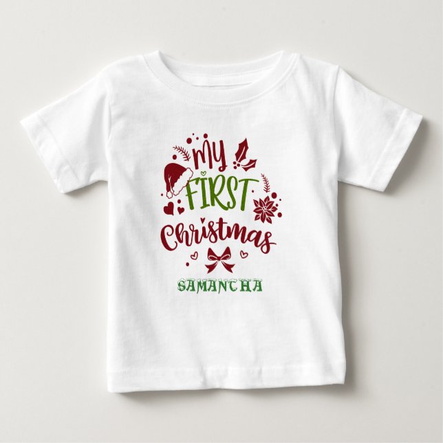 My First Christmas Typography Santa hat Monogram Baby T-Shirt (Front)