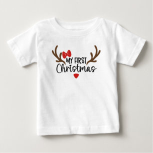 My First Christmas Typography Simple Antlers Bow Baby T-Shirt