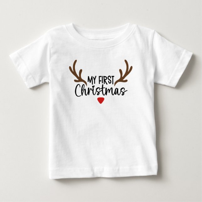 My First Christmas Typography Simple Deer Antlers Baby T-Shirt (Front)