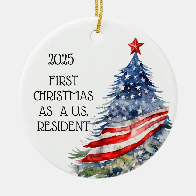 My First Christmas U.S. Resident American Flag Ceramic Ornament (Front)