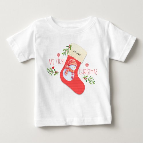 My First Christmas Vintage Stocking with Snowman Baby T_Shirt