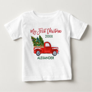 My First Christmas Vintage Truck Red Green Baby T-Shirt