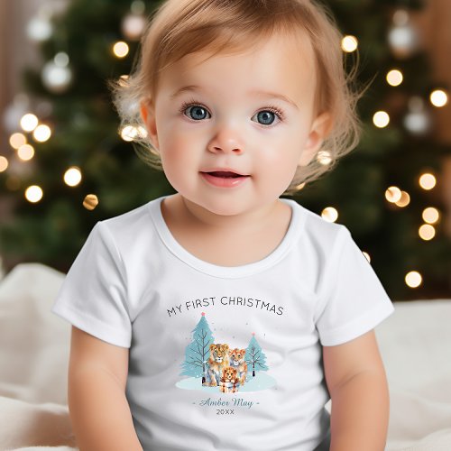 My First Christmas Watercolor Cute Lions  Baby T_Shirt