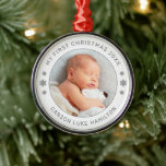 My First Christmas White Personalized Baby Photo Metal Ornament<br><div class="desc">Personalize this modern and elegant 'My First Christmas' ornament with your baby boy's photo,  his full name,  and the year of her birth. Elegant white and pewter gray round-shaped text and snowflake accents beautifully frames his photo. Photo tip: crop photo to a square format before uploading to the site.</div>