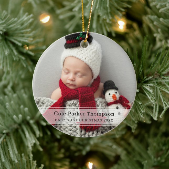 My First Christmas White Stripe Custom Baby Photo Ceramic Ornament (Tree)