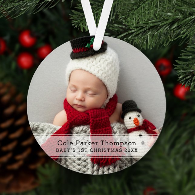 My First Christmas White Stripe Custom Baby Photo Ornament (Creator Uploaded)