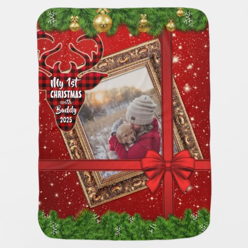 My First Christmas With Gold Frame Red Bow Photo Baby Blanket