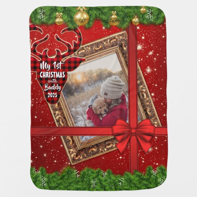 My First Christmas With Gold Frame Red Bow Photo Baby Blanket (Front)