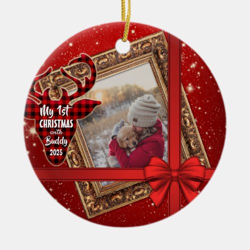 My First Christmas With Gold Frame Red Bow Photo Ceramic Ornament