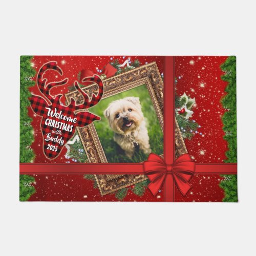 My First Christmas With Gold Frame Red Bow Photo Doormat
