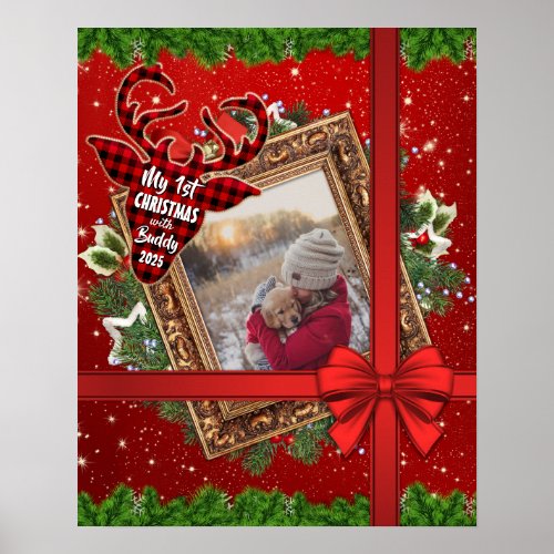 My First Christmas With Gold Frame Red Bow Photo Poster