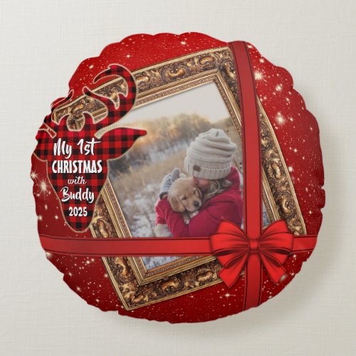 My First Christmas With Gold Frame Red Bow Photo Round Pillow