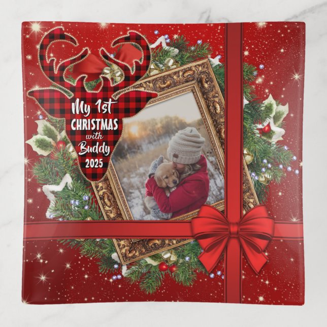 My First Christmas With Gold Frame Red Bow Photo Trinket Tray (Front)