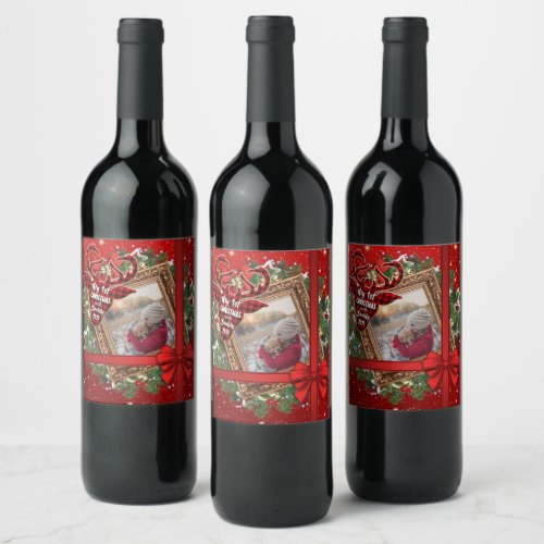 My First Christmas With Gold Frame Red Bow Photo Wine Label