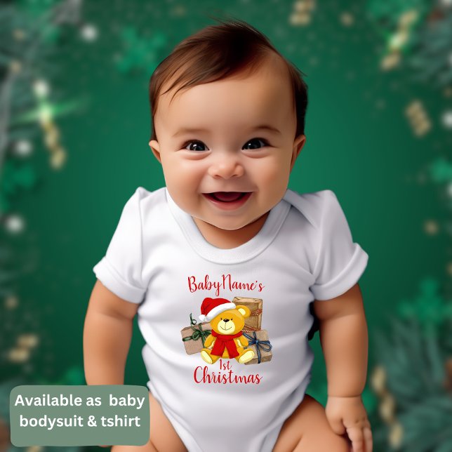 My First Christmas with name cute bear presents  Baby Bodysuit (Creator Uploaded)