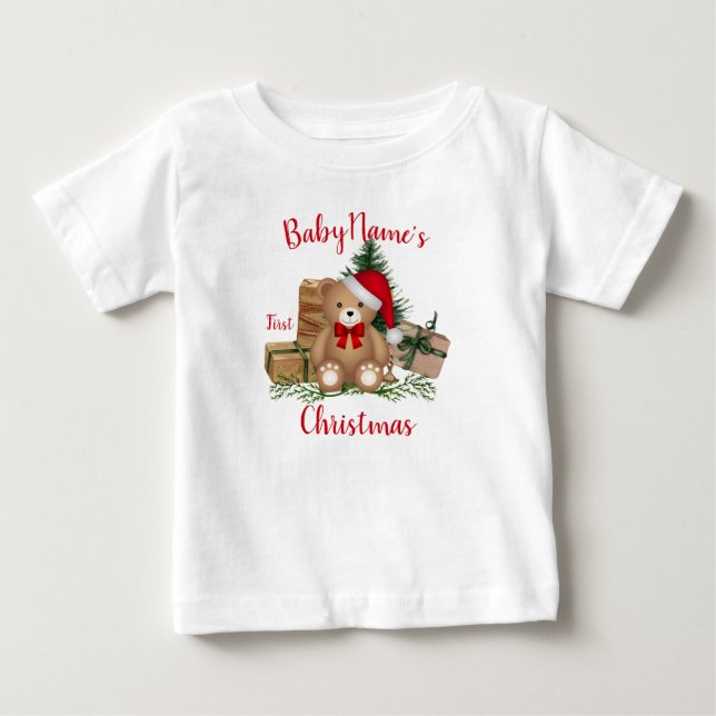 My First Christmas with name cute bear presents  Baby T-Shirt (Front)