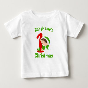 My First Christmas with name cute green elf Baby T-Shirt