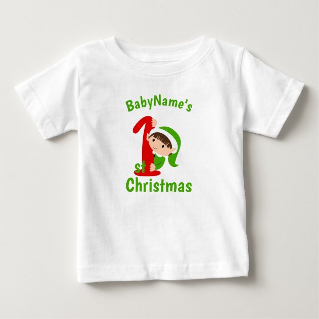 My First Christmas with name cute green elf Baby T-Shirt (Front)