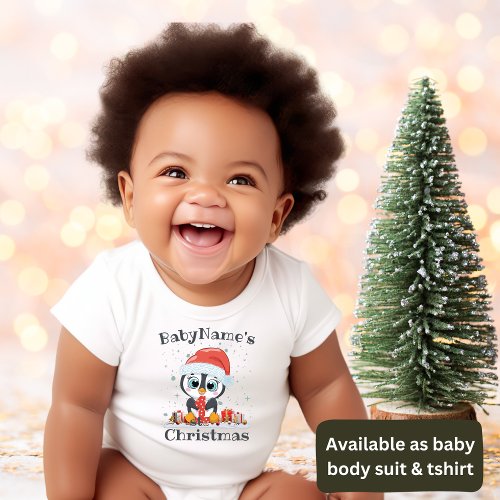 My First Christmas with name cute penguin 1st Baby Bodysuit