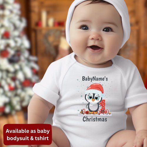 My First Christmas with name cute penguin presents Baby Bodysuit