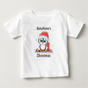 My First Christmas with name cute penguin presents Baby T-Shirt