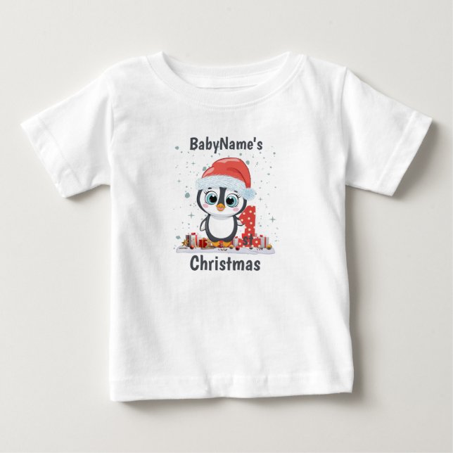 My First Christmas with name cute penguin presents Baby T-Shirt (Front)