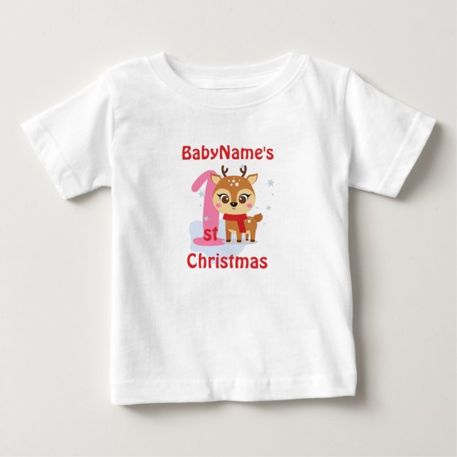 My First Christmas with name cute reindeer girl Baby T-Shirt (Front)
