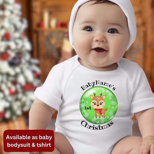 My First Christmas with name cute reindeer green Baby Bodysuit