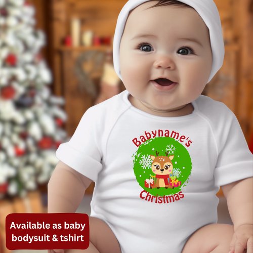 My First Christmas with name cute reindeer green Baby Bodysuit