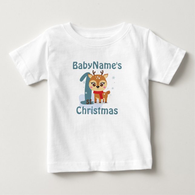 My First Christmas with name cute reindeer one  Baby T-Shirt (Front)