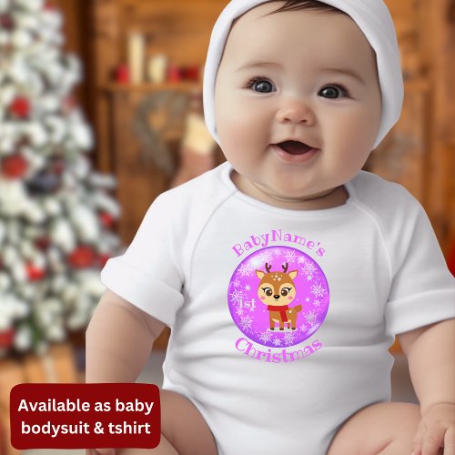 My First Christmas with name cute reindeer purple Baby Bodysuit
