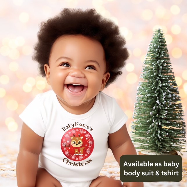 My First Christmas with name cute reindeer red Baby Bodysuit (Creator Uploaded)