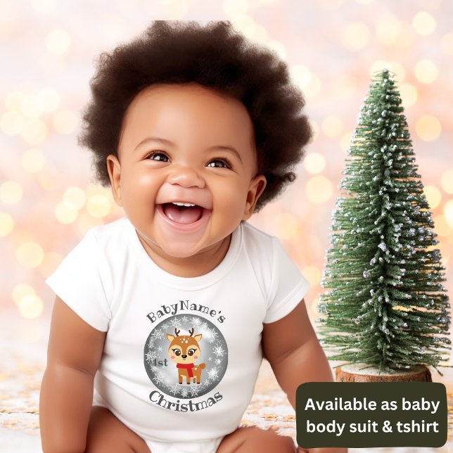 My First Christmas with name cute reindeer silver Baby Bodysuit (Creator Uploaded)