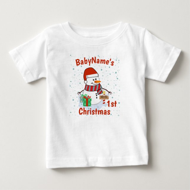 My First Christmas with name cute snowmen  Baby T-Shirt (Front)