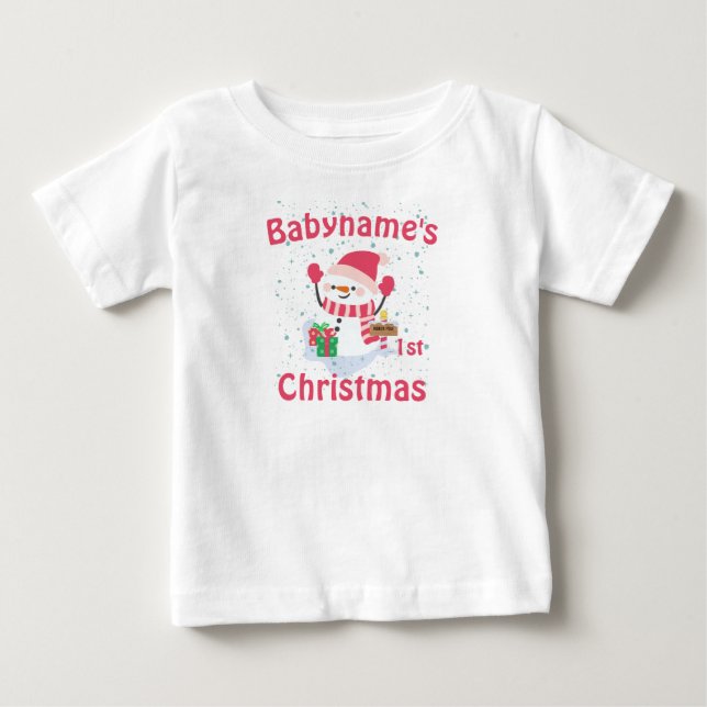My First Christmas with name cute snowmen  Baby T-Shirt (Front)