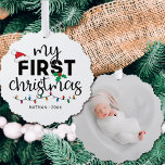 My first Christmas with name photo Ornament Card<br><div class="desc">Lovely first Christmas ornament decorated with a red Santa hat,  holly leaves,  and colorful Christmas lights. Easily customizable with the baby's name and current year and one of your favorite pictures on the reverse.</div>