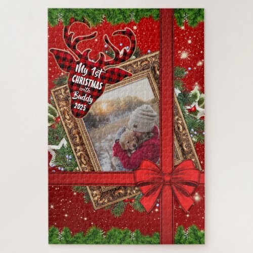 My First Christmas With Red Bow Gold Photo Frame Jigsaw Puzzle