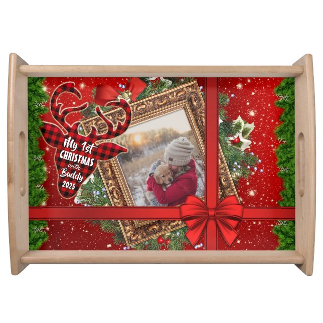 My First Christmas With Red Bow Gold Photo Frame Serving Tray (Front)