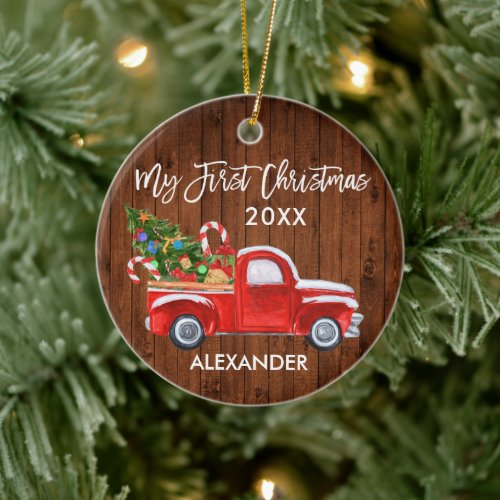 My First Christmas Wood Candy Canes Red Truck Baby Ceramic Ornament