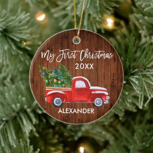 My First Christmas Wood Vintage Red Truck Baby Ceramic Ornament