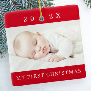 My first Christmas year modern photo red Ceramic Ornament