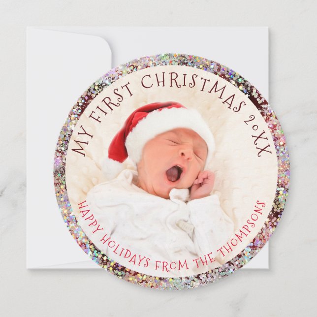 My First Christmas Year Photo Circular Glitter Holiday Card (Front)