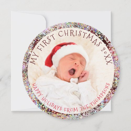 My First Christmas Year Photo Circular Glitter Holiday Card