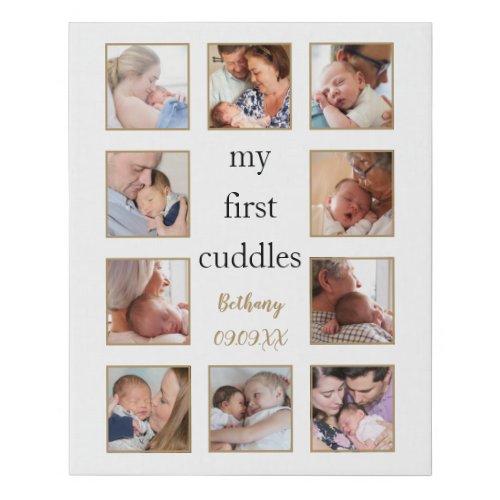 My First Cuddles 10 Photo Collage Newborn Name Faux Canvas Print