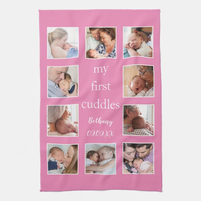 My First Cuddles 10 Photo Name Newborn Pink Kitchen Towel (Vertical)
