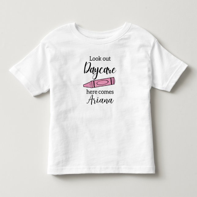 My First Day of Daycare, Pink Glitter Crayon Toddler T-shirt (Front)