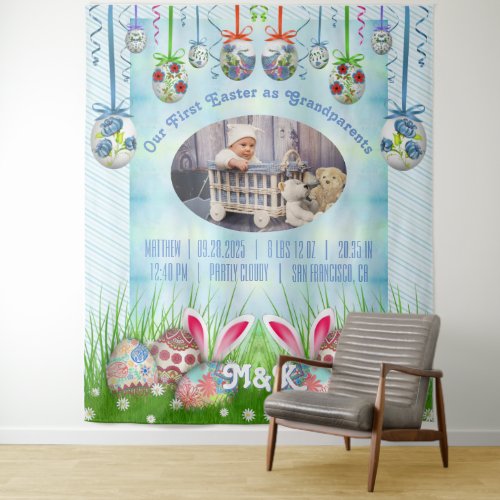My First Easter as Grandpa Grandma Baby Blue Photo Tapestry